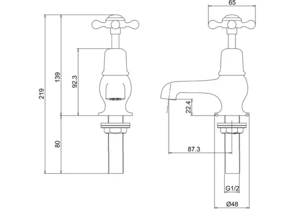 Burlington Quarter turn basin pillar taps 3" - Claremont Handles - Image 2