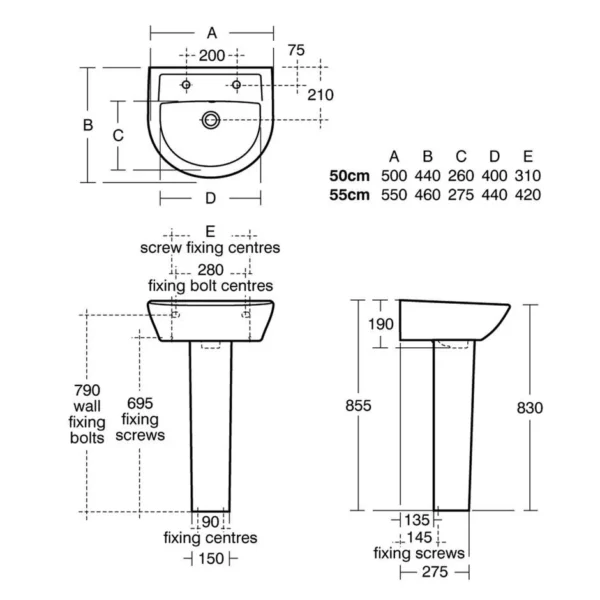 Oak Originals - sandrigham 21 Basin and pedestal 2 tap hole - 550mm - Image 2