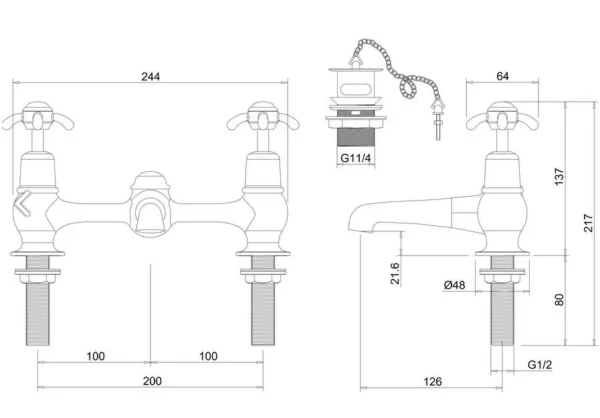 Burlington Quarter turn Bridge basin Mixer - Plug and Chain - Anglesey Handles - Image 2