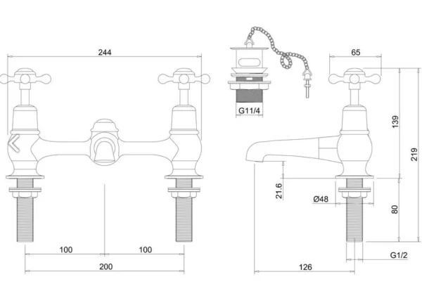 Burlington Quarter turn Bridge basin Mixer - Plug and Chain - Claremont Handles - Image 2